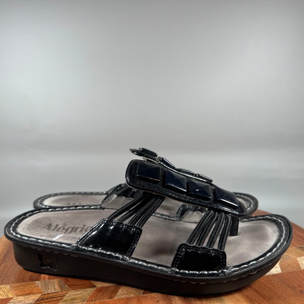 Alegria C-101 Black Patent Leather Thong Slide Sandals Women Size 38 EU 8 US